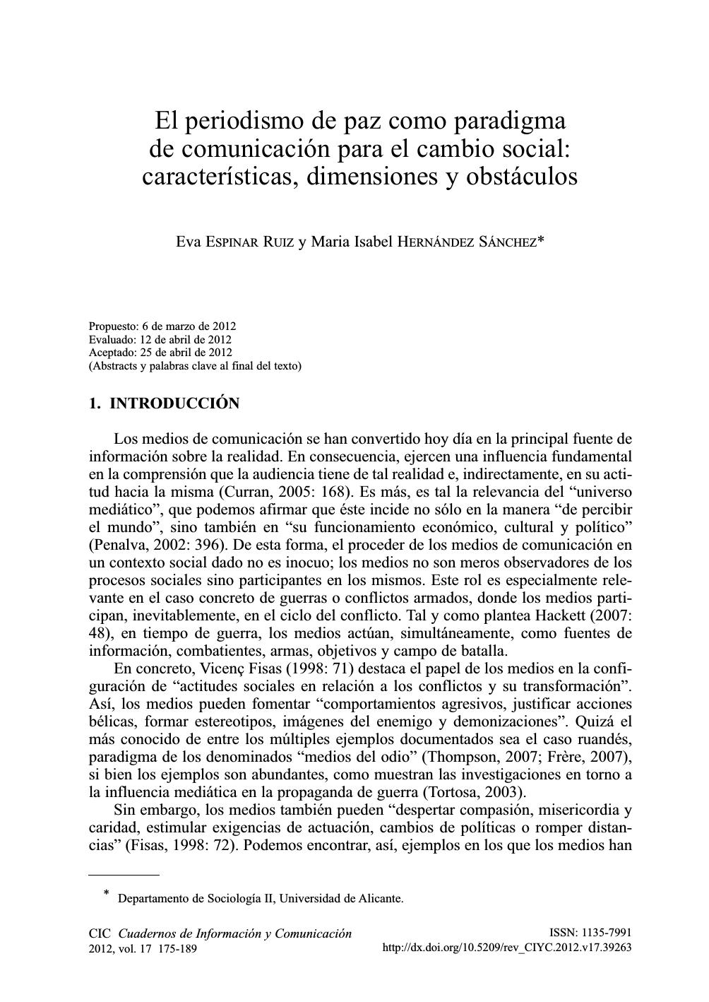 El periodismo de paz como paradigma de comunicación para el cambio social: características, dimensiones y obstáculos